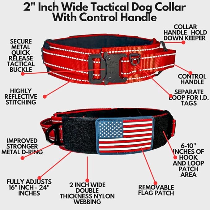 2-Inch Wide Tactical Dog Collar with Control Handle, Adjustable for Medium & Large Dogs, Military Style with Heavy-Duty Metal Buckle, USA Flag Patch & Customizable Name Plate, Training & Everyday Use
