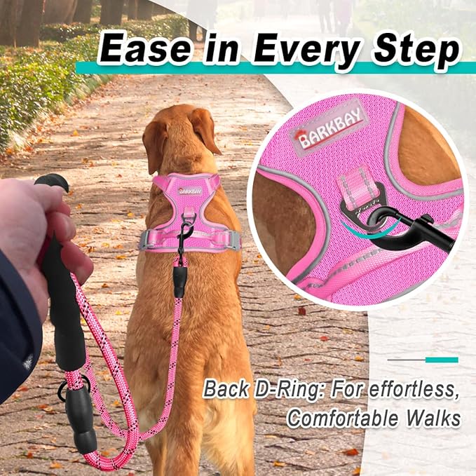 BARKBAY Dog Harness No Pull Mesh for Large Dogs - Adjustable, Reflective, Comfortable, No Choke, Heavy-Duty - Perfect for Outdoor Training, Walking, and Hiking - Strong & Durable - L & Pink Mesh