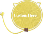 Personalized Cat Scratcher Mat, Customized with Name Text Natural Cotton Rope Round Horizontal Cat Scratching Pads with Ball Toy, Cat Furniture Protector for Wall, Couch, Carpets, Sofa (Yellow)