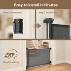 Retractable Safety Baby Gate or Mesh Dog Gate,Durable Portable Mesh Retractable Gate,Easy to Use for Stairs, Doorways, Hallways, Indoor, Outdoor, 33.5" Tall, Up to 55" Wide, Black
