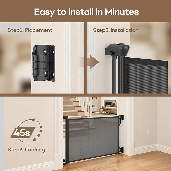 Retractable Safety Baby Gate or Mesh Dog Gate,Durable Portable Mesh Retractable Gate,Easy to Use for Stairs, Doorways, Hallways, Indoor, Outdoor, 33.5" Tall, Up to 55" Wide, Black
