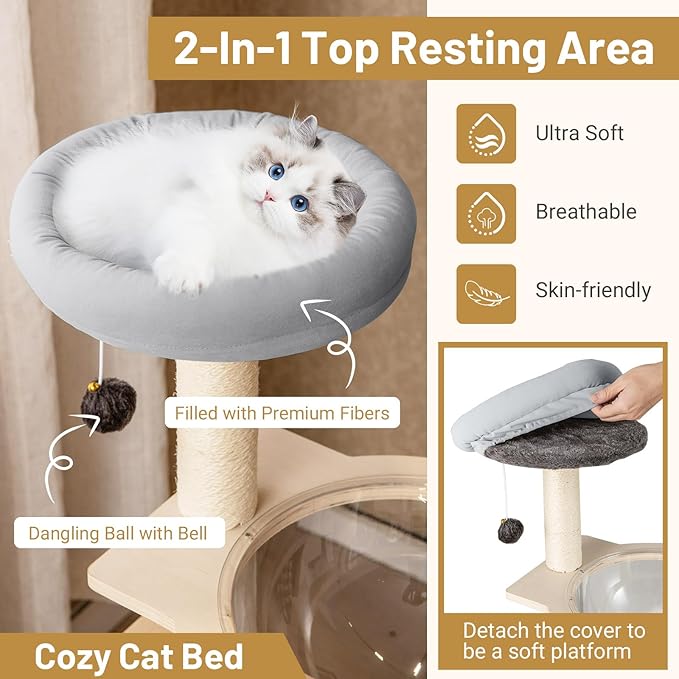 PETSITE 44 Inch Modern Cat Tree, Multi-Level Cat Tower with Sisal Scratching Posts, Space Capsule, and Dangling Toy with Bell, Wooden Cat Tree Tower for Indoor Cats, Grey