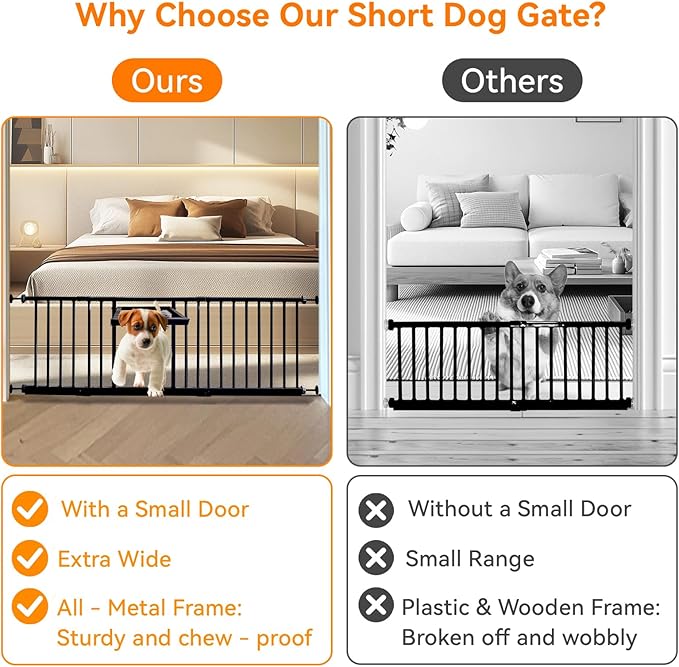 18" Height Short Dog Gate Adjustable18-48" Extra Wide Dog Gate with Small Cat Door,Pet Gate with 4 Extension Kits Pressure Mounted for Doorways & Stairs (Black, 18" Height)