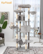 Cat Tree, 81-Inch Tall Cat Tower with Scratching Post, Plush Multi-Level Cat Condo with 2 Perches, 2 Caves, 2 Basket, Hammock for Indoor Cats Light Grey