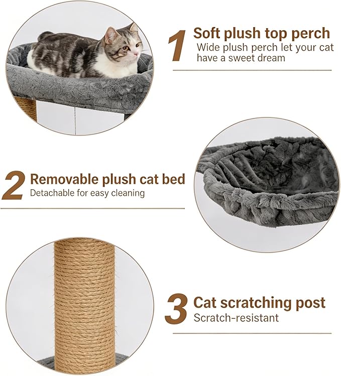 Pawly 24" Cat Tree Tower, Tall Cat Scratching Post with Soft Perch for Window Viewing, Large Bed for Big Cats, Stable & Compact Cat Tower with Hammock, Gray