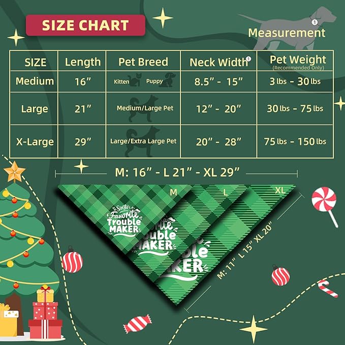 Christmas Dog Bandanas - Santa's Favorite Trouble Maker, Naughty & Nice List Print Pet Holiday Scarf Costume Gift, Green Plaid, Small & Medium Breed, 5-25lbs