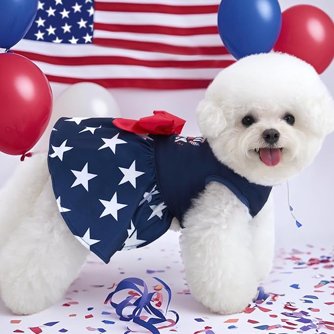 XPUDAC 4th of July Dog Dress Patriotic Clothes Stars Skirt with Bow Independence Day Doggie Outfit Pet Holiday Apparel for Small Dog Girl Cat, XXS