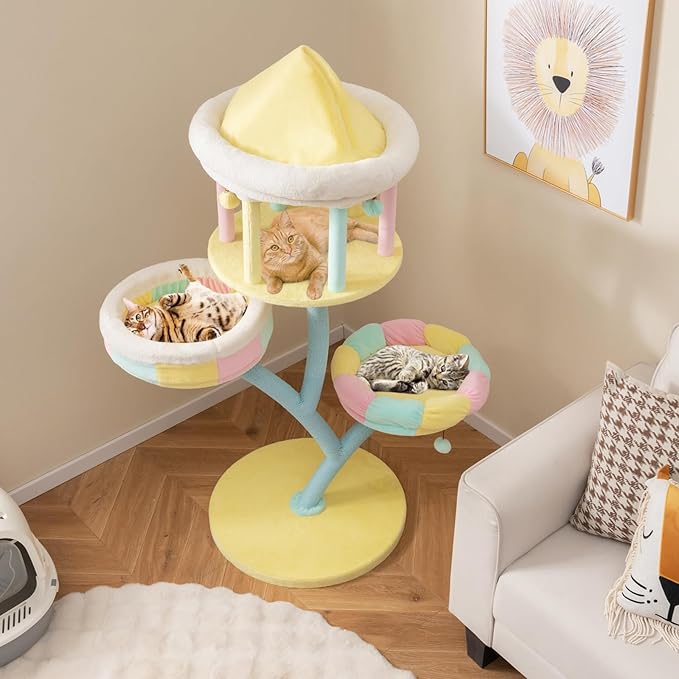 PETSITE 57.5 inch Tall Cute Cat Tree Tower, Cat Tower with Paper Rope Scratching Posts, Top Open-plan Condo, 2 Side Removable Perches, and Dangling Balls, Amusement Park Style Cat Tree for Indoor Cats