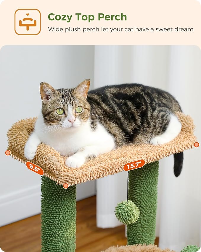 PEQULTI 4-in-1 Cactus Cat Tree, 33'' Cat Tower for Indoor Cats & Flower Cat Scratching Post, Small Cat Tree, Tall Cat Scratcher