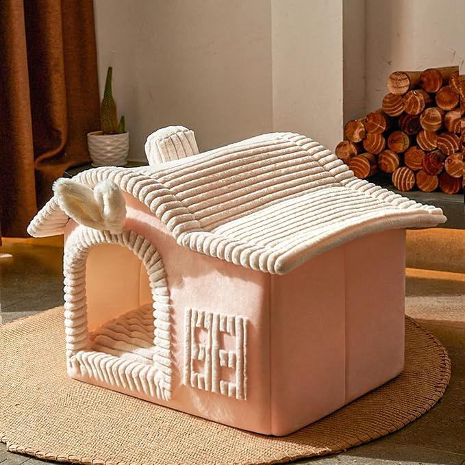 Jiupety Rabbit Cat Houses for Indoor Cats, Chimney Cute Cat Bed Cave, Enough Interior Space, Cartoon Soft Pet House Up to 3-7 lbs Kitten, Pink