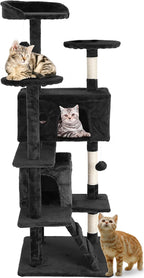 24/7 Shop at Home Court 54 inch Multi-Level Cute Cat Tree Tower with Dangling Ball and Scratching Posts for Indoor Cats Adults, Kitten Supplies, Pet House, Dark Gray