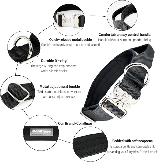 Tactical Dog Collar, 1.5" Wide Thick Heavy Duty Dog Collar with Handle, Soft Neoprene Padded Military-Grade Nylon Training Collar with Quick Release Metal Buckle for Large Dogs(Black, L,XL)