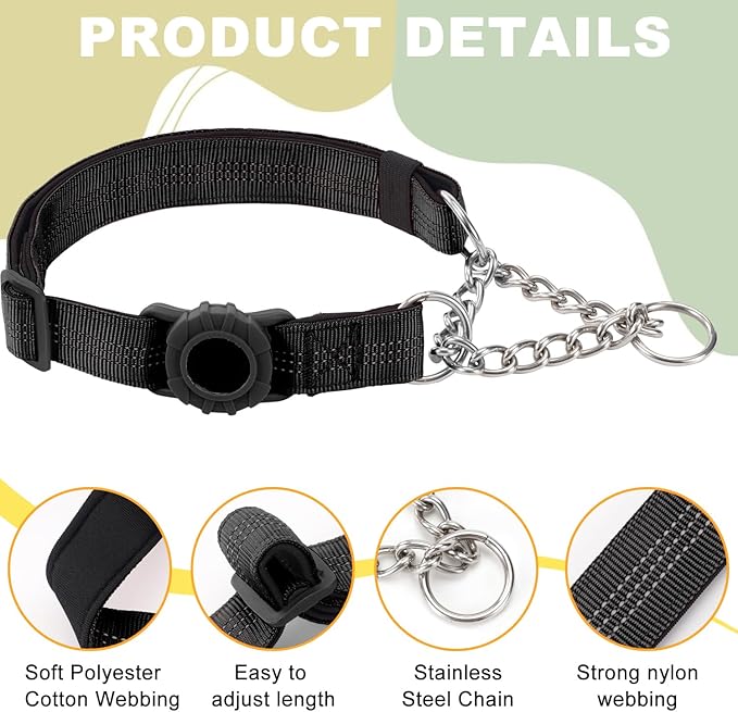 Cymiler Martingale Dog Collar with AirTag Holder, Reflective Nylon Training Collar, Stainless Steel Chain, Heavy Duty Buckle, Limited Slip Collars for Small Medium Large Dogs (Black, Medium)