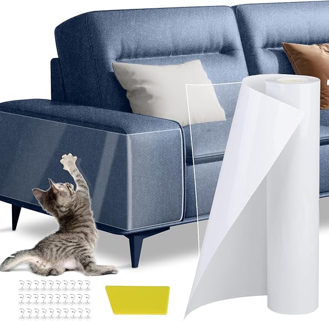 [Thicken Vinyl] Anti Cat Scratch Furniture Protector, 118"*11.8" Single-Sided Sticky Couch Protector from Cat Claws, Stronger Adhesive Cat Scratch Deterrent Tape(30 Pins)