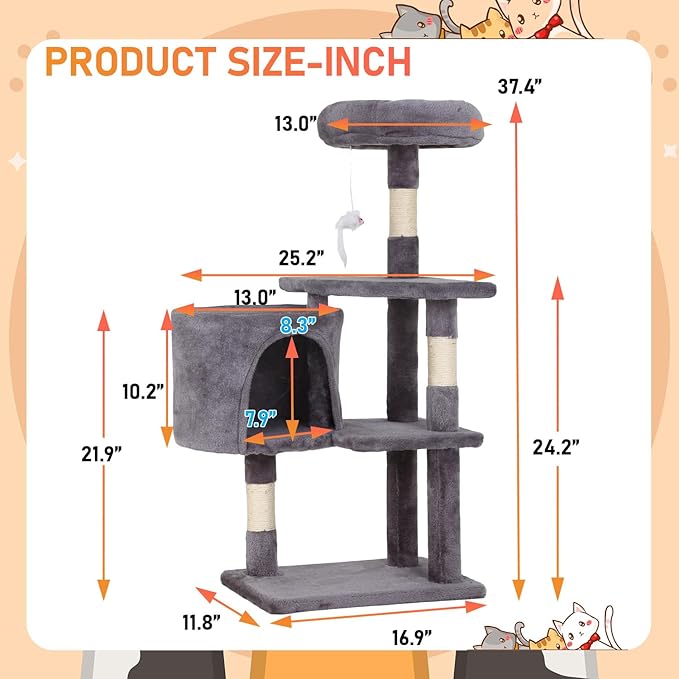 ‌Dopinmin 36" Winter Cat Tree - Plush Multi-Level Indoor Cat Tower with Sisal Scratching Posts & Ramp Plush Condo for Kittens,Light Gray