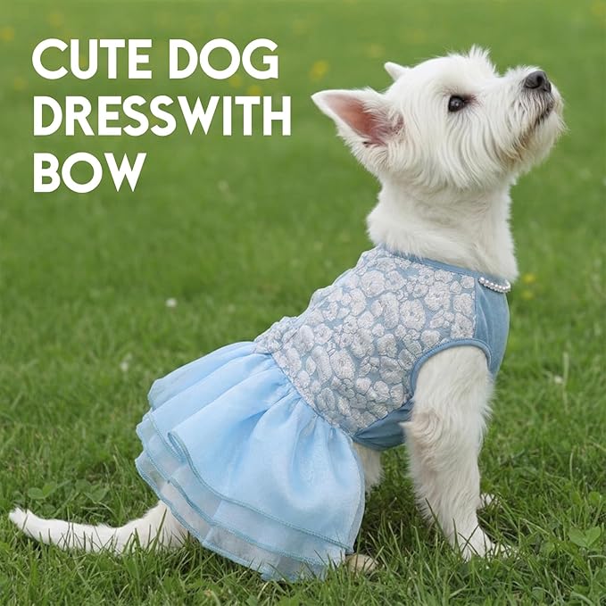 ASENKU Dog Dress, Dog Wedding Dress, Pet Lace Princess Dress with Bows for Wedding Birthday Party, Puppy Formal Apparel with Pearl Necklace for Small Dogs (Blue, Small)