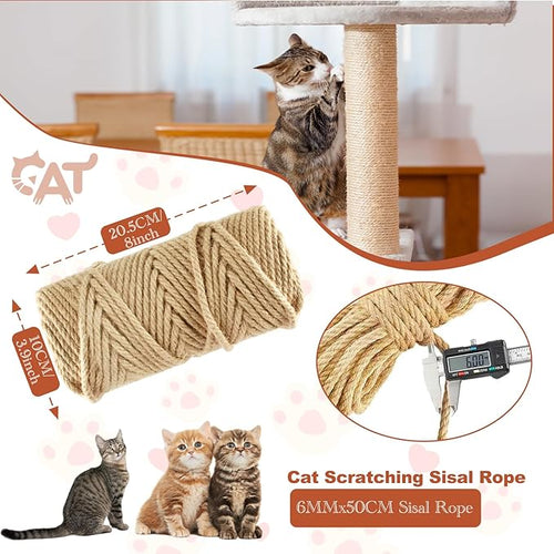 164FT/50M Natural Sisal Rope for Cat Scratching Posts, 6mm Thick Jute Hemp Cat Rope for Cat Tree Replacement, Cat Scratch Post Repair, DIY Projects, and Furniture Wrapping