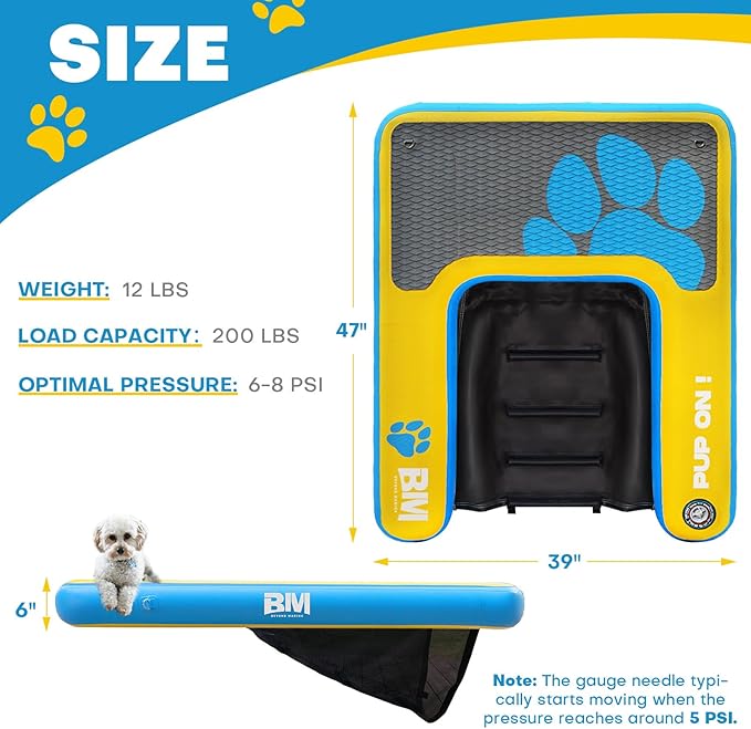Beyond Marina Dog Pool Ramp - Inflatable Dog Water & Boat Ramp for Lake, Floating Pontoon Dock Ladder with Non-Slip EVA, PUP ON Standard, Extra Large 47" x 39" x 6", Blue/Yellow, Supports 200 lbs