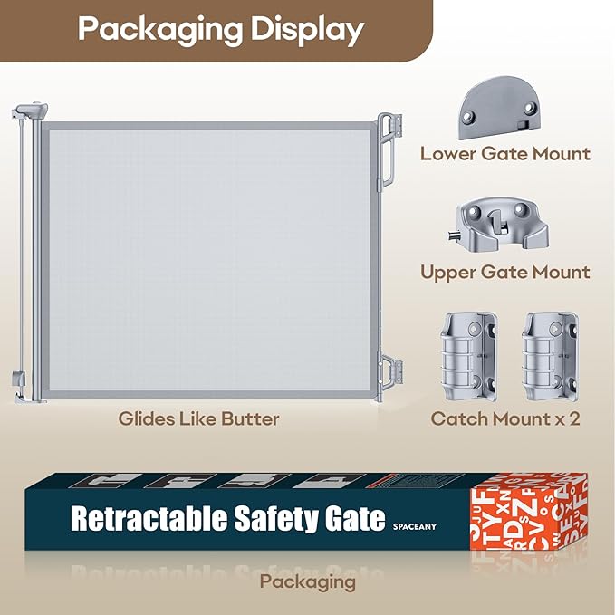 Retractable Safety Baby Gate or Mesh Dog Gate,Durable Portable Mesh Retractable Gate,Easy to Use for Stairs, Doorways, Hallways, Indoor, Outdoor, 33.5" Tall, Up to 45" Wide, Gray