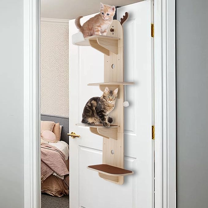 Door Hanging Cat Tree, 4-Tier Cat Climbing Frame W/Plush Ball,4.9ft Wooden Cat Ladde, 55lb Load Capacity & Sisal-Wrapped Scratching Board for Stair, Foyer, Living Room, Enclosed Balcony. (Frame)