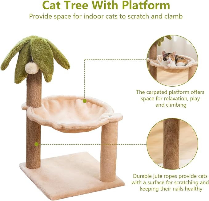 Simcat Kitten Tree with Plush Perch, Soft Hammock,and Paper Rope Scratching Posts, Stable Cat Stand，Durable Scratch Posts for Indoor Small Cats, 12.2 x 12.2 x 21.65 Inches, Beige