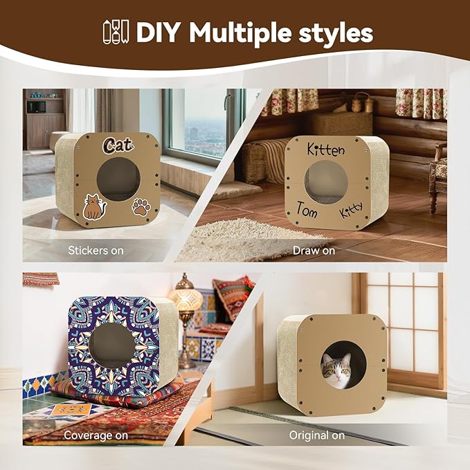Cat Scratcher House, Cozy Cardboard Design, Safe and Secure for Kittens, Eco-Friendly,Plain Board (Square)