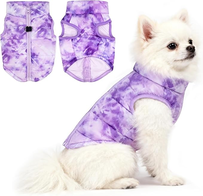 Idepet Pet Dog Cat Coat with Leash Anchor Color Patchwork Padded Puppy Vest Jacket Teddy Chihuahua Costumes Pug Cloth XS S M L(Small,Purple Tie-dye)