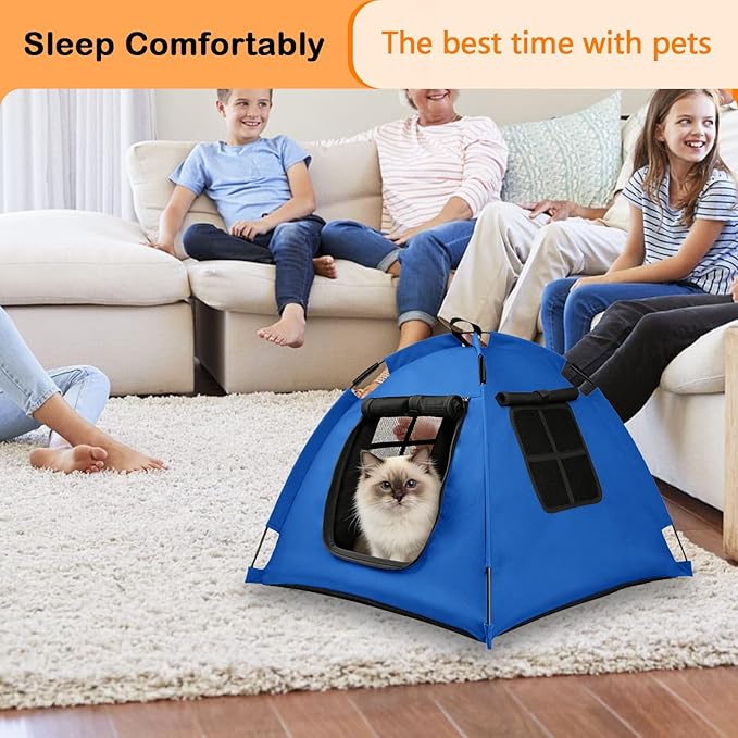 Portable Pet Tent with Full-Enclosure Zippered Mesh Door, Indoor & Outdoor Cat House for Safety & Ventilation, Cozy Nest for Cats, Puppies & Small Animals (Blue)