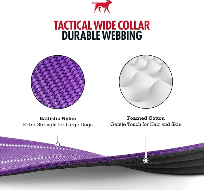 Tuff Pupper Tactical Dog Collar with Handle | Heavy Duty Adjustable Dog Collar | Military Nylon Collar for Large Dogs | Quick-Release Buckle | Soft Padded Comfort | Training Control (Purple, Large)