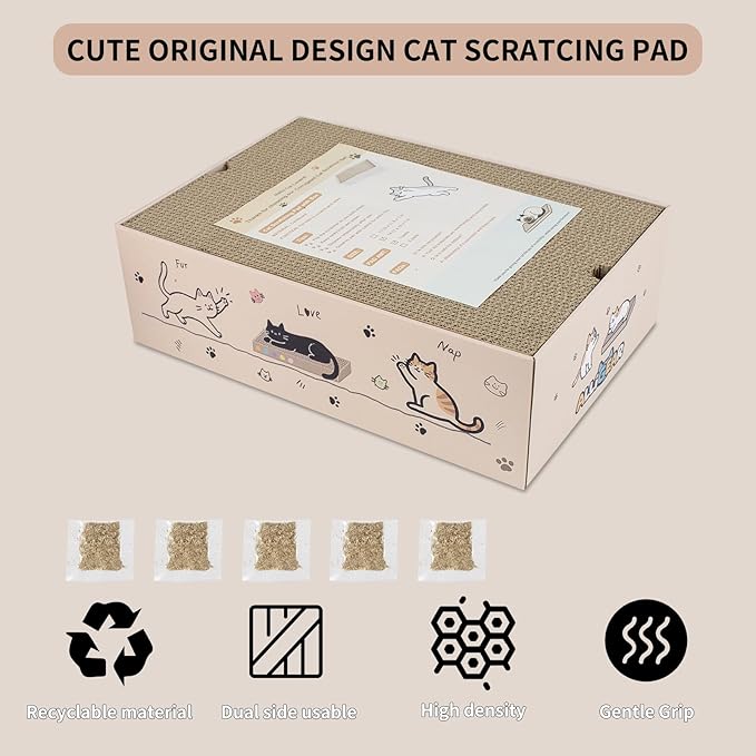 Large Cat Scratcher Pad with Box, Reversible Corrugated Cardboard Scratch Pad, Kitten Scratching Board with Catnip, Durable Recycle Scratching Pads, 5 Pack, L