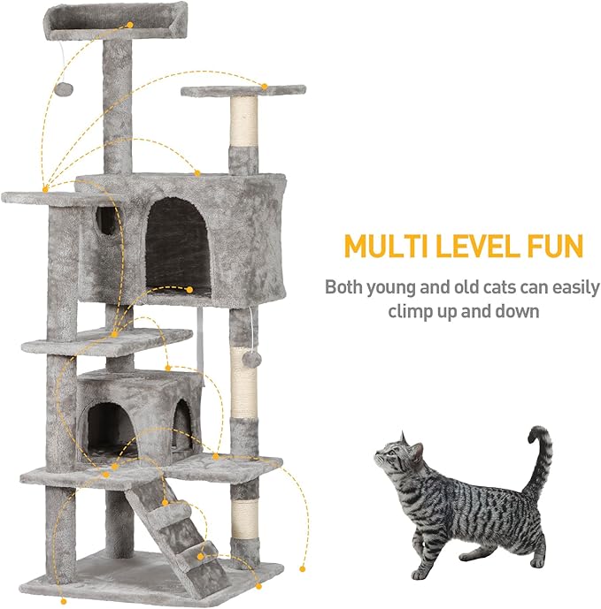 LEMY 54 Inch Cat Tree,Multi-Level Cat Tower Condo for Indoor Kittens,Light Grey Cat House with Sisal-Covered Scratching Post for Cats to Play and Sleep