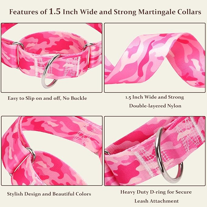 Wide 1.5 inch Martingale Collar for Dogs,Big Thick Dog CollarNo-Slip Escape Proof Choke No Pull Cinch for Male and Female Dogs for Training & Walking -Pink camo M