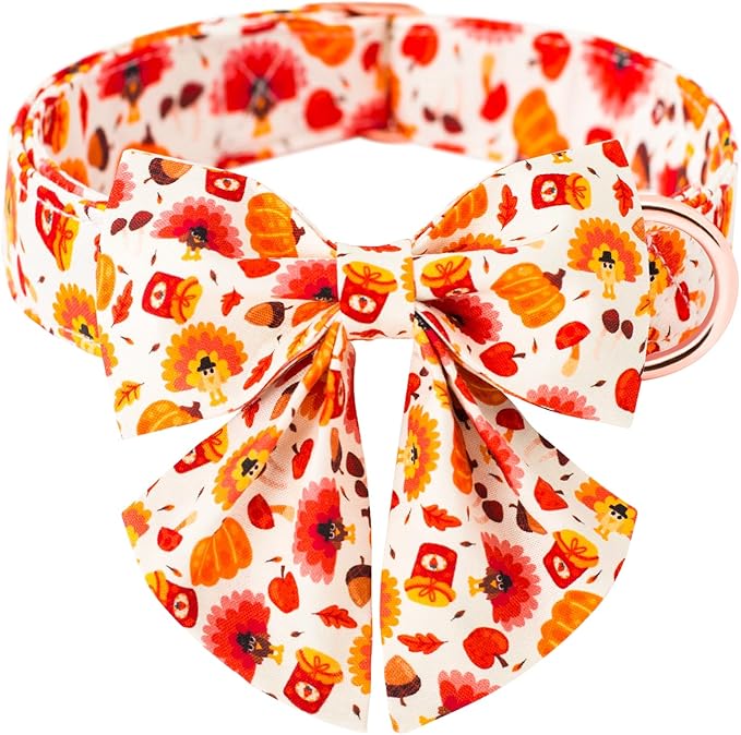 Tunkoo Dog Collar with Pretty Bow Tie Pumpkin and Turkey Pattern - Durable, Adjustable and Stylish Thanksgiving Pet Collar, Available in Small Medium Large, M