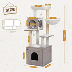 PEQULTI 57.5" Cat Tree with Litter Box Enclosure Large, Wood Cat Tower for Indoor Cats with Storage Cabinet and Cozy Cat Condo, Sisal Covered Scratching Post and Replaceable Dangling Balls, Grey