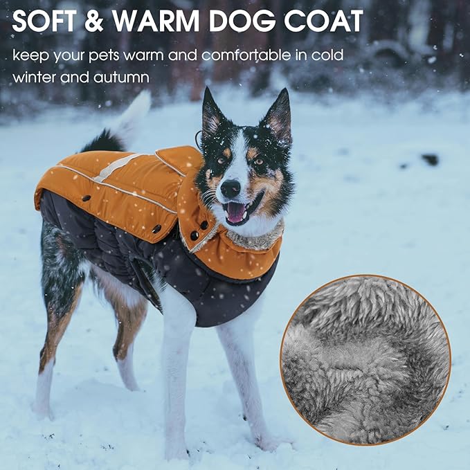 Queenmore Waterproof Dog Coat for Small Dogs,Reflective Windproof Dog Jackets with Leash Hole,Winter Dogs Coat with Zipper On Back,Warm Snowsuit with Fleece Lining（Brown,XS