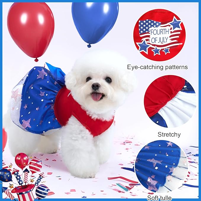 XPUDAC 4th of July Tulle Dog Dress Patriotic Clothes Doggie Outfit with Bow Independence Stars Skirt Pet Holiday Apparel for Small Dog Girl Cat, XXS