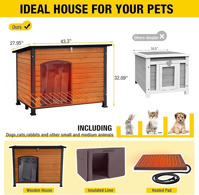 Aivituvin Heated Dog House Outdoor & Indoor Dog Kennel with Insulated Liner & Heating System for Winter Waterproof Large Dog Cage for Small & Medium & Large Dogs,Unique All-Around Iron Frame