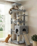 Heybly Heavy Duty Cat Tree, 64.2-Inch Tall Tower for Large Indoor Cats with Widened Structure, Cat Furniture with Big Platforms, Extra-Large Hammock, Sisal Scratching Posts & Board, Light Gray HCT027W