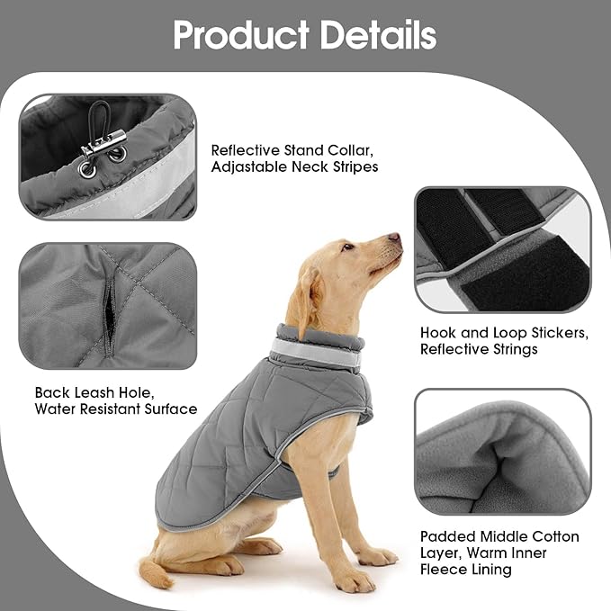 KAMA BRIDAL Dog Winter Coat Warm Padded Puppy Jacket Windproof Water Resistant Clothes for Small Medium Large Pets Christmas Sweater Outfit Vest(Grey, S)