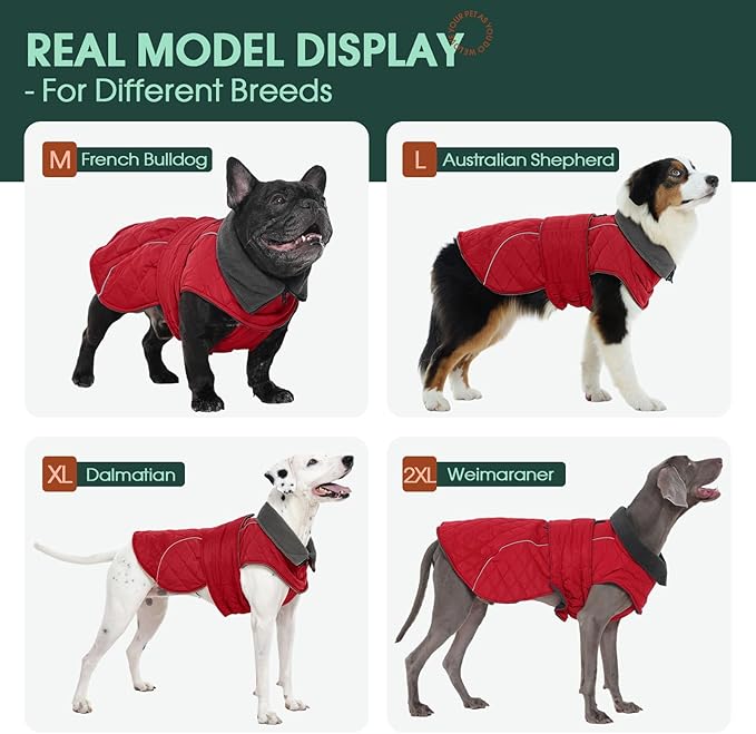 Kuoser Extra Warm Dog Coat, Windproof Cold Weather Dog Jackets for Large Dogs, Thick Fleece Lining Pet Turtleneck Snowsuit Reflective Adjustable Puppy Winter Coat Doggie Snow Jacket Red, XL