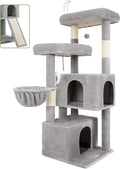 Globlazer Cat Tree Tower with Scratching Post for Indoor Cats, 55inch Tall Plush Multi-Level Cat Climbing Tower Condo House with Hanging Basket, 2 Spacious Cat Cave, F55, Beige (Light Gray)