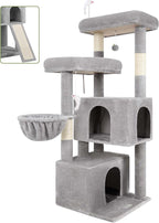 Globlazer Cat Tree Tower with Scratching Post for Indoor Cats, 55inch Tall Plush Multi-Level Cat Climbing Tower Condo House with Hanging Basket, 2 Spacious Cat Cave, F55, Beige (Light Gray)