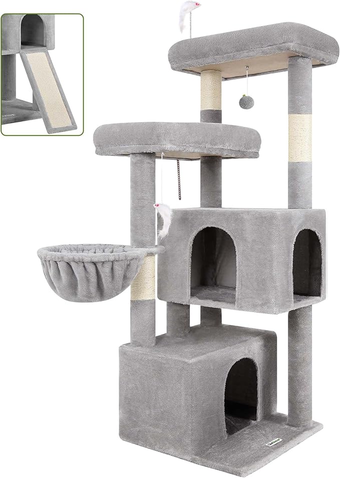 Globlazer Cat Tree Tower with Scratching Post for Indoor Cats, 55inch Tall Plush Multi-Level Cat Climbing Tower Condo House with Hanging Basket, 2 Spacious Cat Cave, F55, Beige (Light Gray)
