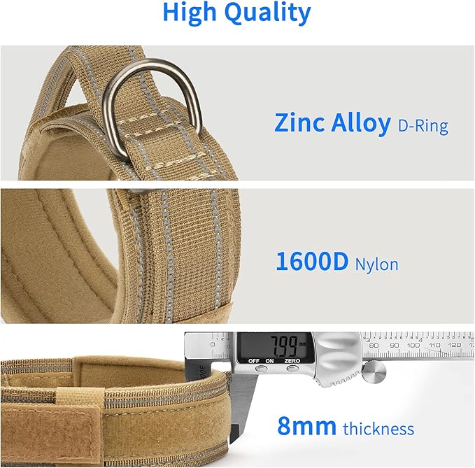 Reflective Tactical Dog Collar Adjustable for Training and Service K9 Dog Collar with Military Nylon Heavy Duty Metal Buckle and Control Handle for Medium and Large Dogs,1.5" Width Brown M