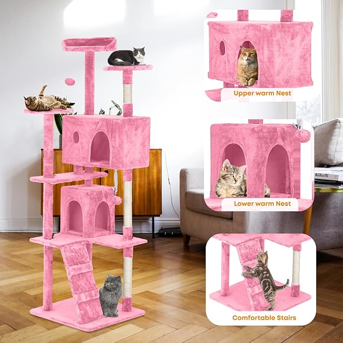 70in Cat Tree for Indoor Cats, Cat Tower with Cat Scratching Post, Multi-Level Cat Furniture, Cat Tower with Funny Toys for Kittens-Pink