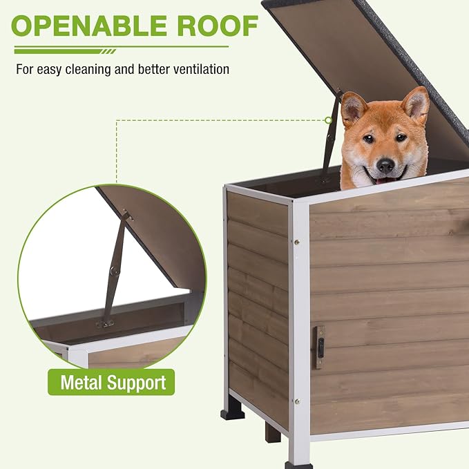 GUTINNEEN Heated Dog House Outdoor with Heating Pad and Insulated Liner, Wooden Dog Kennel with Anti-Chewing Metal Frame, Weatherproof Dog Shelter with Bowls for Outdoor or Indoor Use (Light Brown)