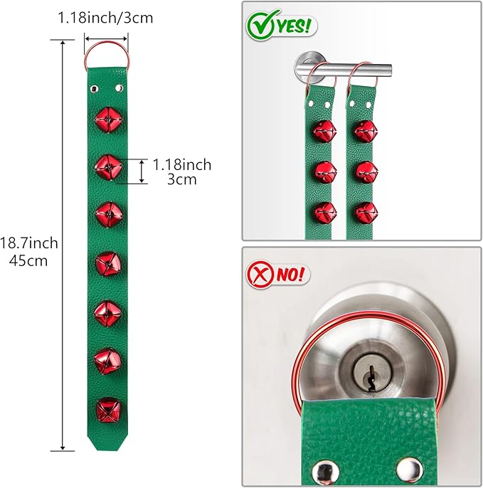Frienda Hanging Jingle Sleigh Bells 7-Bell Dog Doorbells for Door Knob Faux Leather Belts Go Outside Dog Bells Christmas Decor and Holiday Decorations, 18.7 x 1.8 x 1 Inches(Green with Red)