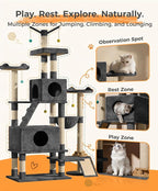 Catlike Rock-Solid 76" Tall Cat Tree Tower for Indoor Cats Large Adult, Heavy Duty Multi-Level Large Cat Tree with Sisal Scratching Posts, Perches, Cat Condos, Hammock Baskets, Cat Tower Charcoal Grey