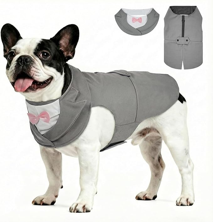 Supet Dog Tuxedo and Bandana Set with Bow Tie, Formal Outfit for Wedding Birthday Party Graduation Valentines, Pet Suit Clothes for Large Medium Small Dogs (Grey, M)
