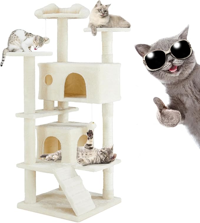 54 Inches Cat Tree Condo Furniture, Cat Tree for Indoor Cats, Cozy Hammock and Sisal Scratching Posts, Cat Tower Multi-Level Durable Cat Scratch Post for Kittens Pet House Play, Detachable, Beige